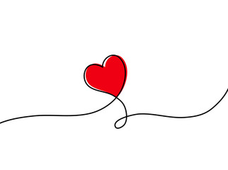 Continuous one line drawing of red heart isolated on white background. Vector illustration
