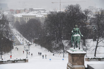 View from the Royal Palace on Statue of King Karl Johan in  Oslo, Norway. 28-01-2019