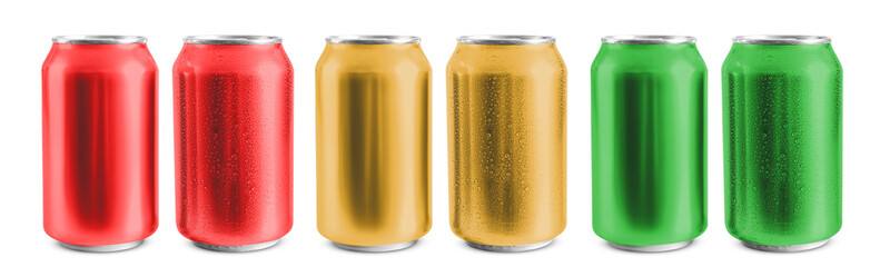 Aluminum cans of cold beer on white background