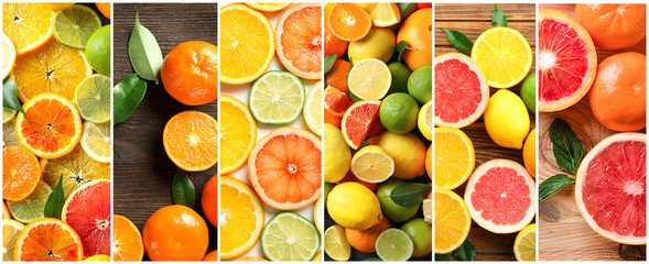 Collage with different ripe citrus fruits