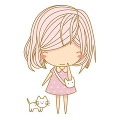 Cute little girl wearing shoulder bag, standing with cat. Vector illustration, character design. Isolated with white background