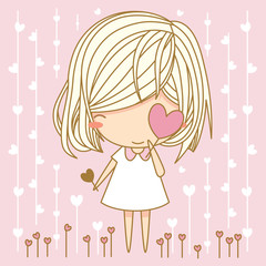 Cute little girl holding heart in pink background. Vector illustration, character design