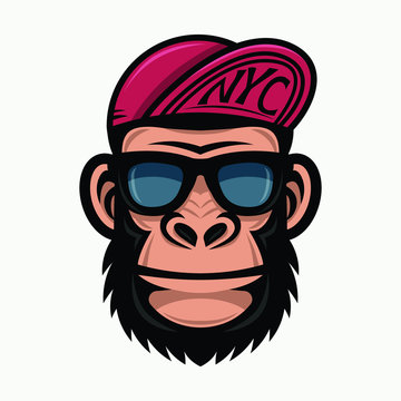 Cool monkey in sunglasses and baseball caps. Fashionable gorilla head