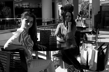 Girls shopping black and white photo