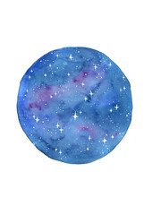 Abstract night sky and star watercolor in circle shape hand painting background.