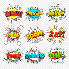 Comic bubbles. Funny comics words in speech bubble frames. Wow oops bang zap thinking clouds. Expression balloons set - obrazy, fototapety, plakaty
