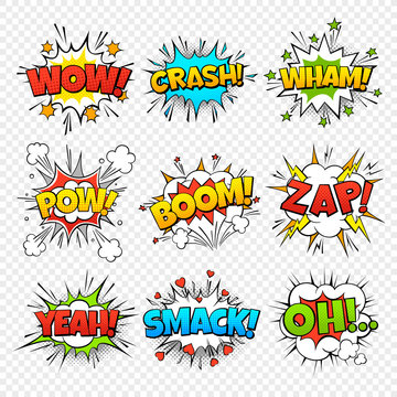 Comic bubbles. Funny comics words in speech bubble frames. Wow oops bang zap thinking clouds. Expression balloons set