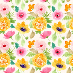 yellow pink green flower watercolor seamless pattern
