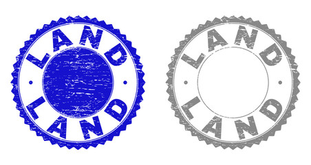 Grunge LAND stamp seals isolated on a white background. Rosette seals with grunge texture in blue and gray colors. Vector rubber stamp imprint of LAND caption inside round rosette.