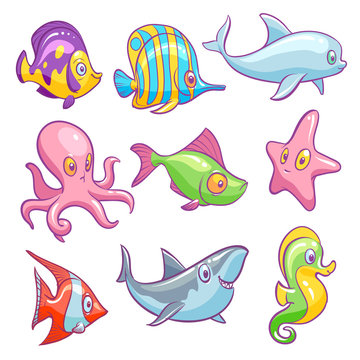 Underwater animals. Cute sea tropical fishes funny ocean underwater animal kids vector isolated set