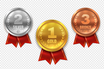Realistic award medals. Winner medal gold bronze silver first place trophy champion honor best circle ceremony prize - obrazy, fototapety, plakaty