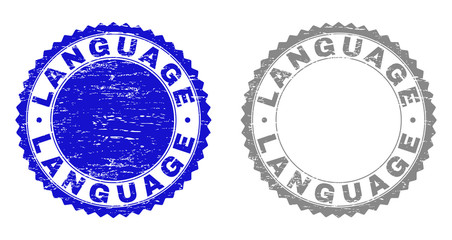 Grunge LANGUAGE stamp seals isolated on a white background. Rosette seals with grunge texture in blue and gray colors. Vector rubber stamp imprint of LANGUAGE tag inside round rosette.