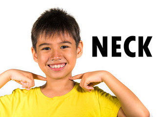 English language learning card child pointing with fingers to his neck isolated on white background...