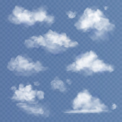 Realistic cloud. White clouds fluffy sky fog clouding isolated on transparent blue sky background vector set