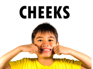 English language learning card child pulling his cheeks isolated on white background as part of...