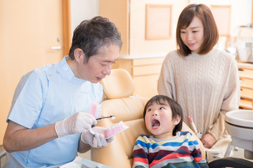 Obraz na płótnie Canvas 歯磨き指導を受ける子供