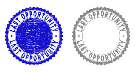 Grunge LAST OPPORTUNITY stamp seals isolated on a white background. Rosette seals with grunge texture in blue and gray colors.