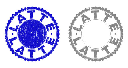 Grunge LATTE stamp seals isolated on a white background. Rosette seals with grunge texture in blue and grey colors. Vector rubber overlay of LATTE title inside round rosette.
