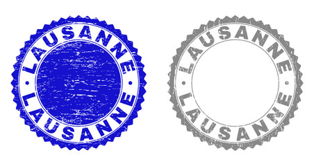 Grunge LAUSANNE stamp seals isolated on a white background. Rosette seals with grunge texture in blue and grey colors. Vector rubber stamp imitation of LAUSANNE caption inside round rosette.