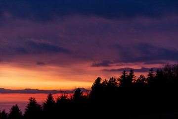 Obraz premium Trees silhouettes against a beautifully colored sky at dusk, with mountains layers in the background