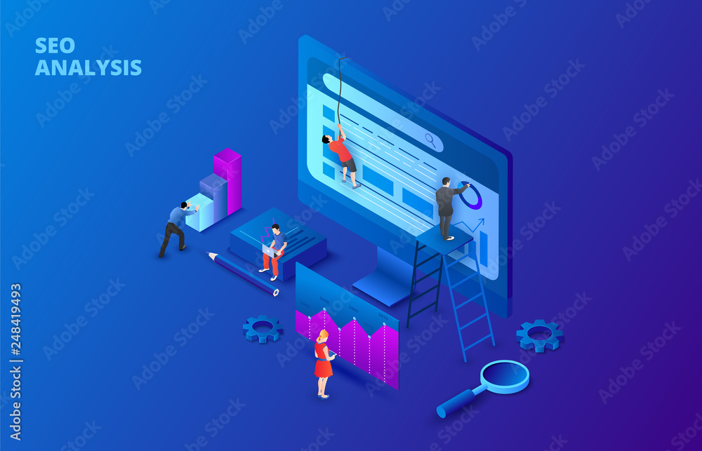 Poster dark isometric seo analysis concept with people and monitor. landing page template