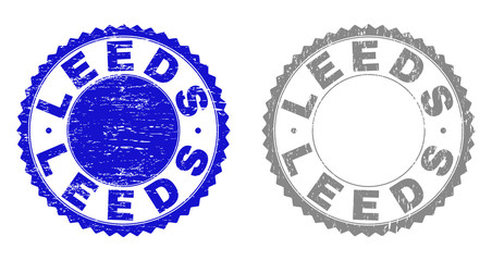 Grunge LEEDS watermarks isolated on a white background. Rosette seals with grunge texture in blue and grey colors. Vector rubber stamp imprint of LEEDS text inside round rosette.
