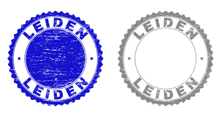 Grunge LEIDEN stamp seals isolated on a white background. Rosette seals with grunge texture in blue and grey colors. Vector rubber overlay of LEIDEN title inside round rosette.