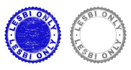 Grunge LESBI ONLY stamp seals isolated on a white background. Rosette seals with grunge texture in blue and gray colors. Vector rubber overlay of LESBI ONLY text inside round rosette.