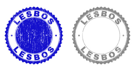 Grunge LESBOS stamp seals isolated on a white background. Rosette seals with grunge texture in blue and grey colors. Vector rubber stamp imitation of LESBOS label inside round rosette.