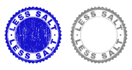 Grunge LESS SALT stamp seals isolated on a white background. Rosette seals with distress texture in blue and grey colors. Vector rubber stamp imprint of LESS SALT title inside round rosette.