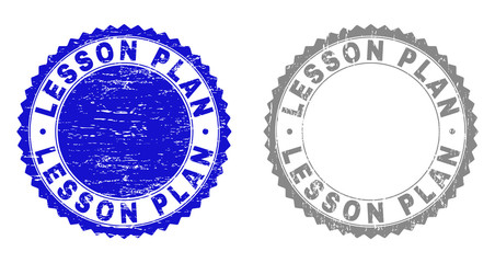 Grunge LESSON PLAN stamp seals isolated on a white background. Rosette seals with grunge texture in blue and grey colors. Vector rubber stamp imitation of LESSON PLAN tag inside round rosette.
