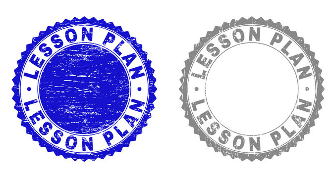 Grunge LESSON PLAN stamp seals isolated on a white background. Rosette seals with grunge texture in blue and grey colors. Vector rubber stamp imitation of LESSON PLAN tag inside round rosette.