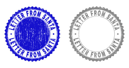Grunge LETTER FROM SANTA stamp seals isolated on a white background. Rosette seals with distress texture in blue and grey colors.
