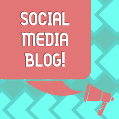 Text sign showing Social Media Blog. Conceptual photo Web page that serves publicly accessible demonstratingal journal Color Silhouette of Blank Square Speech Bubble and Megaphone photo