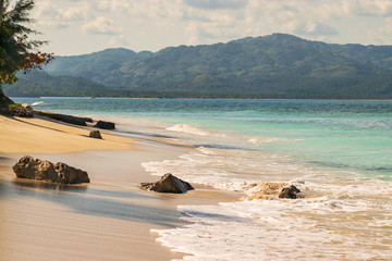 Beautiful sandy beach and crystal clear turquoise sea water in perfect tropical caribbean vacation destination. La Playita beach in Las Galeras, Dominican Republic.