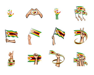 Zimbabwe flag and hand on white background. Vector illustration