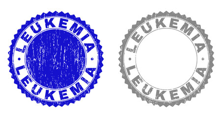 Grunge LEUKEMIA stamp seals isolated on a white background. Rosette seals with grunge texture in blue and gray colors. Vector rubber stamp imitation of LEUKEMIA tag inside round rosette.