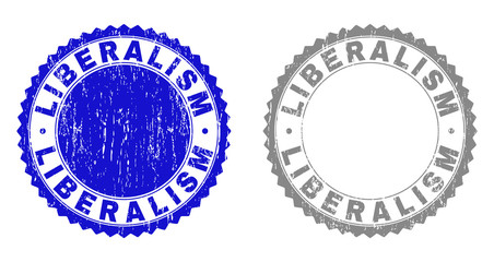 Grunge LIBERALISM stamp seals isolated on a white background. Rosette seals with grunge texture in blue and gray colors. Vector rubber stamp imitation of LIBERALISM title inside round rosette.