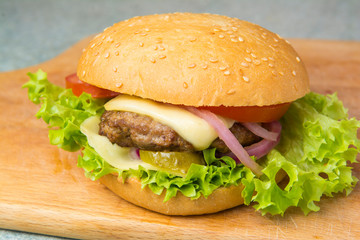 cheeseburger with lettuce, tomato, and onion on a brioche bun