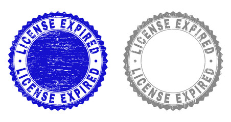 Grunge LICENSE EXPIRED stamp seals isolated on a white background. Rosette seals with distress texture in blue and gray colors.