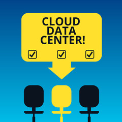 Handwriting text writing Cloud Data Center. Concept meaning off premise form computing that stores data on Internet Blank Space Color Arrow Pointing to One of the Three Swivel Chairs photo