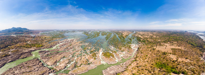 Aerial panoramic 4000 islands Mekong River in Laos, Li Phi waterfalls, famous travel destination backpacker in South East Asia