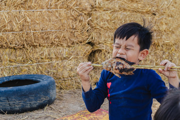 Little Boy eating fried fish on the field looking happiness