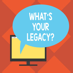 Handwriting text What S Your Legacy. Concept meaning gift that handed or conveyed from one demonstrating to another Mounted Computer Monitor Blank Screen with Oval Color Speech Bubble