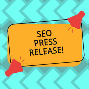 Text sign showing Seo Press Release. Conceptual photo make sure that links going back websites in your press Two Megaphone with Sound icon on Blank Color Outlined Rectangular Shape