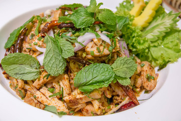  pork spicy salad Thai food in plate