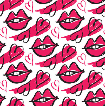 Hand drawn doodle gafhion art pattern background - kiss, love, lips