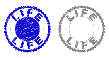 Grunge LIFE stamps isolated on a white background. Rosette seals with grunge texture in blue and gray colors. Vector rubber stamp imprint of LIFE title inside round rosette.
