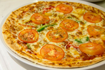  delicious tomato pizza on white plate