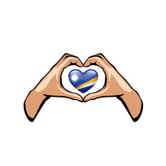 Fototapeta premium Marshall Islands flag and hand on white background. Vector illustration